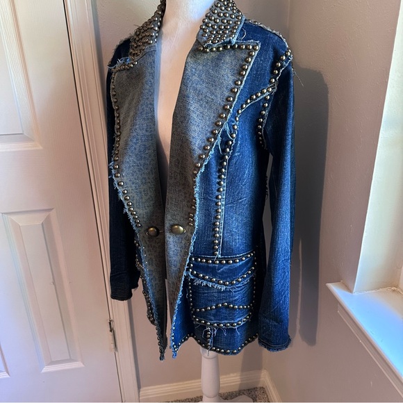ADORE Western Denim Studded Jean Jacket Blazer, Military style, Large - Picture 11 of 13